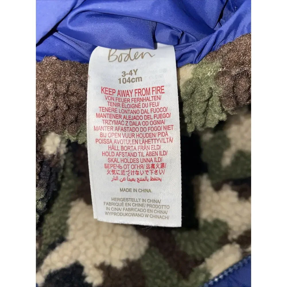 Mini Boden Reversible Camo Sherpa /blue Full Zip Vest Boys 3-4Y